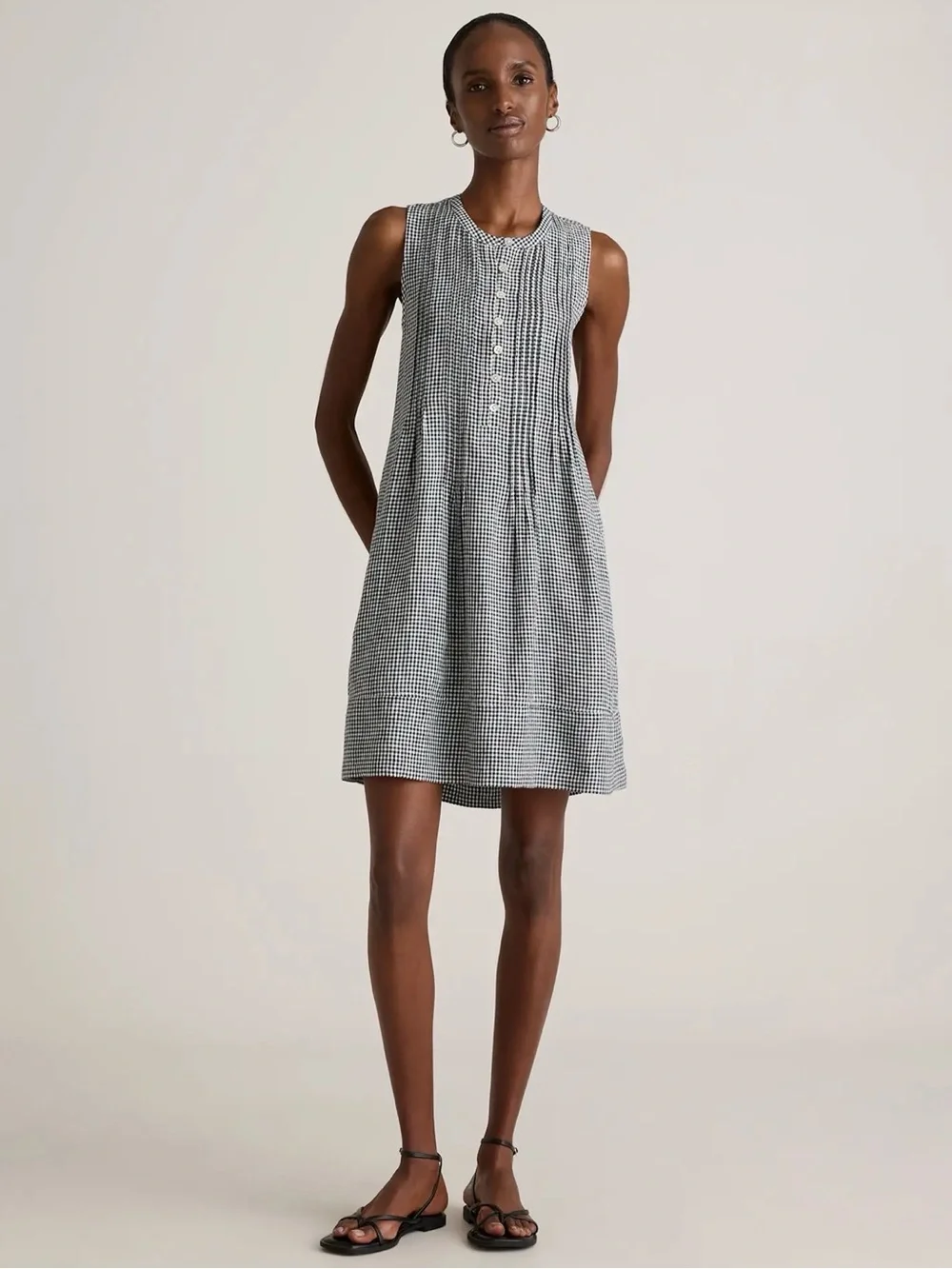 Quince Navy & White Gingham European Linen Sleeveless Swing Dress XL